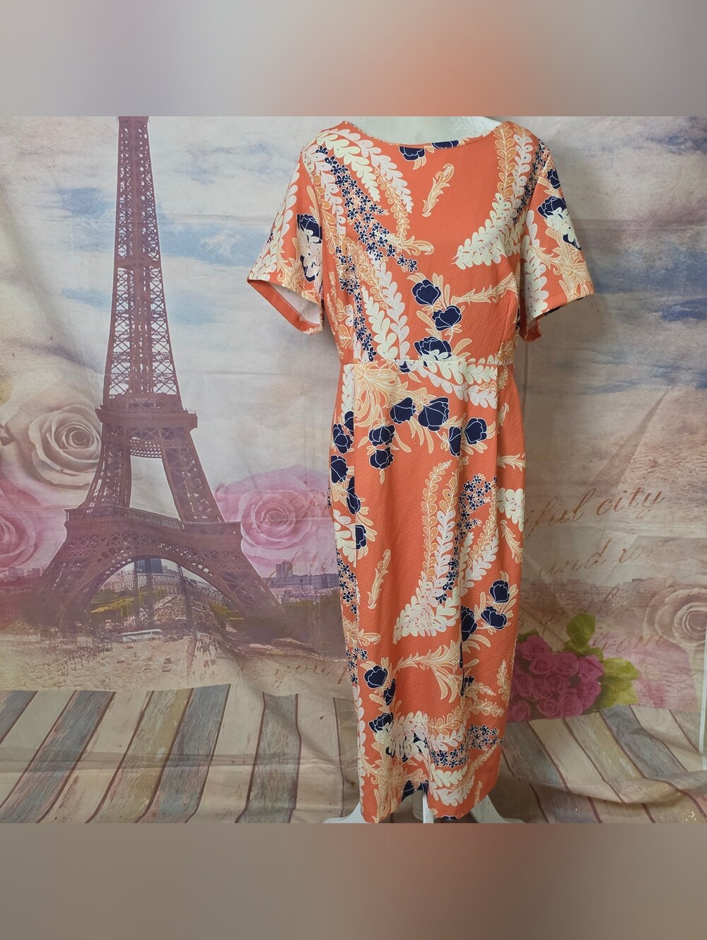 ASOS Coral Midi Dress with Navy and Cream Floral Print Sz 20